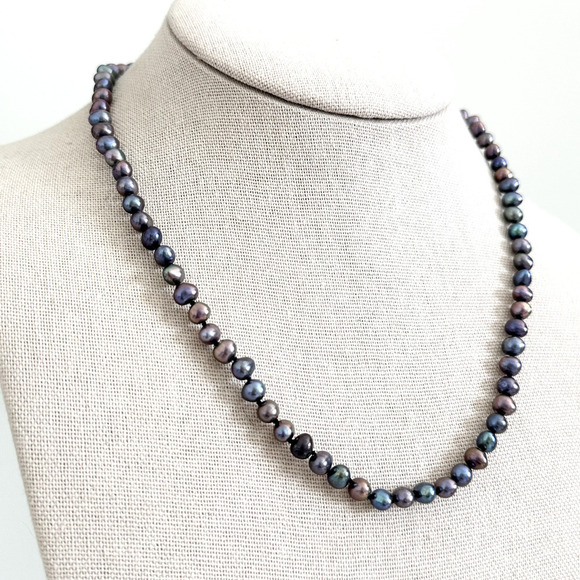 14K Yellow Gold Genuine 6MM Black Pearl Hand Knotted Strand Necklace 18" - Picture 3 of 8